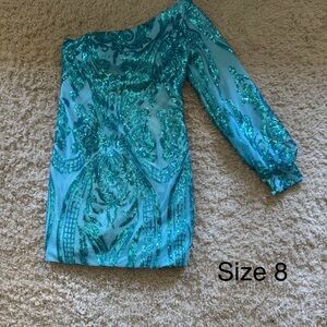 Glamorous One Shoulder Sequin Dress - Turquoise